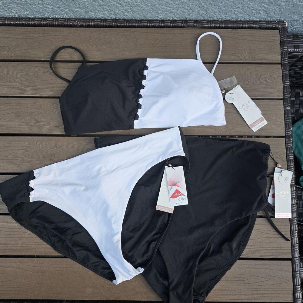 CALIA Womens Black White Looped Top & Bundle Bikini Bottom Sz XXL New